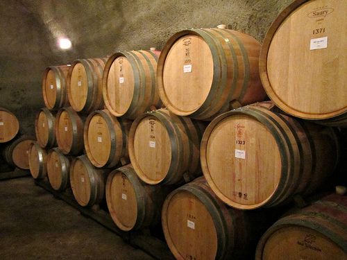 Wine in oak barrels