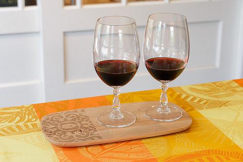 Alessi Dressed Wood Tray, Alessi Dressed Red Wine Glasses, Garnier-Thiebaut coated cotton tablecloth