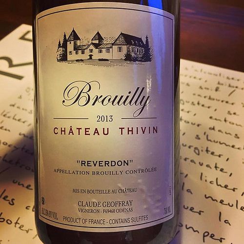 Chateau Thivin Reverdon Brouilly, Beaujolais 2013 Deep ruby, bright red fruits, dry, gentle tannins with a tickle of acidity; juicy, dusty fruit with a good body and weight. Very decent Cru Beaujolais, even if it doesn't say so on the label!