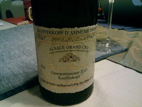 Drinking an excellent Gewurztraminer with my dad, a 2007 Alsace Grand Cru from Kaefferkopf.