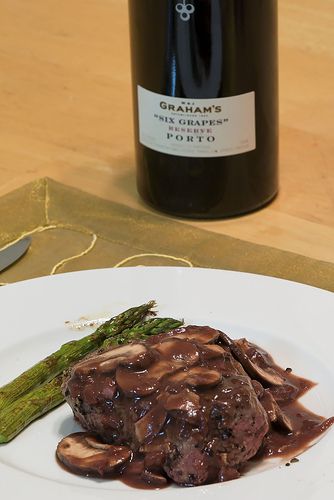Pepper Steak with Port Wine Mushroom Sauce and Roasted Asparagus with Balsalmic Browned Butter