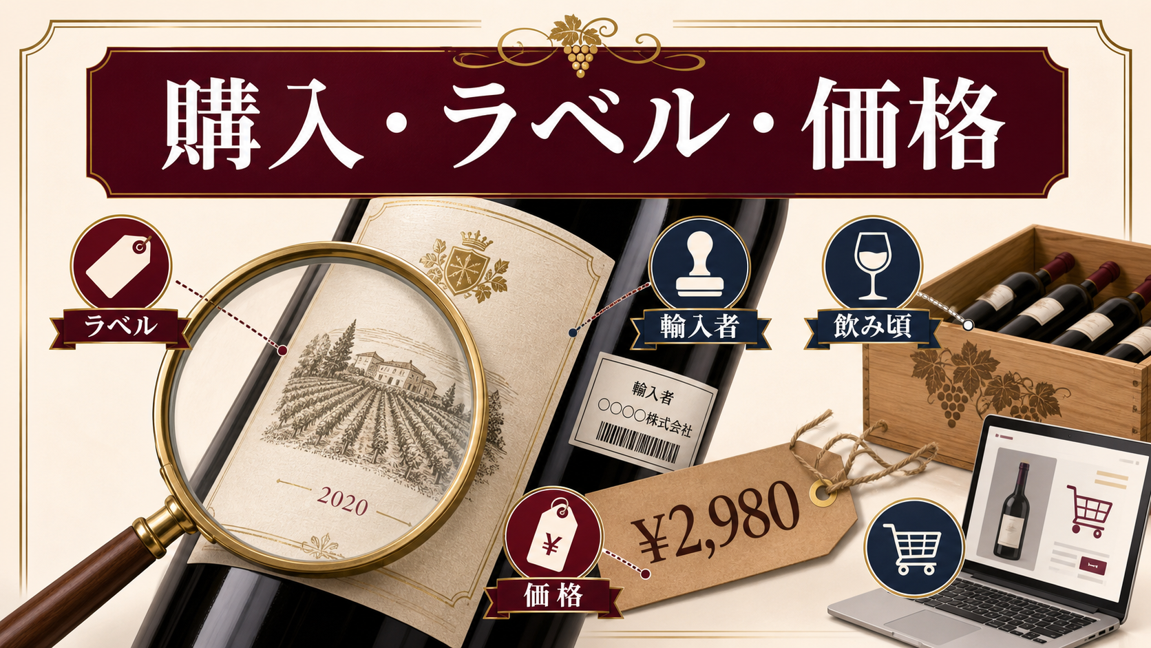 ラベル、輸入者、価格、飲み頃など購入時に見るべき情報を整理したインフォグラフィック