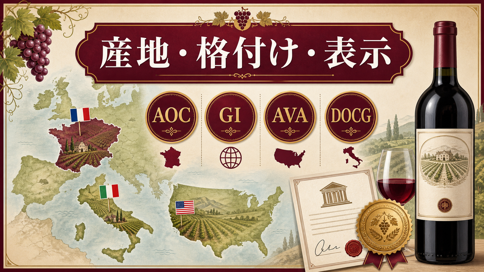AOC、GI、AVA、DOCGなど産地と格付け表示を地図風に整理したインフォグラフィック