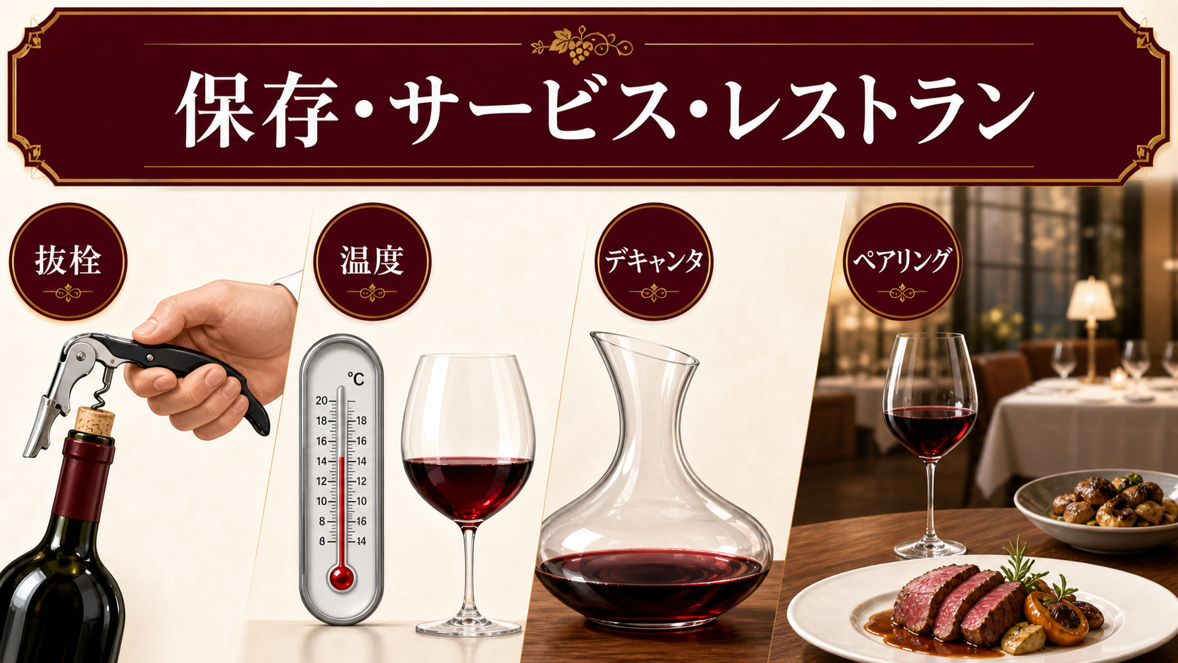 抜栓、温度、デキャンタ、ペアリングなど保存とサービス用語を整理したインフォグラフィック