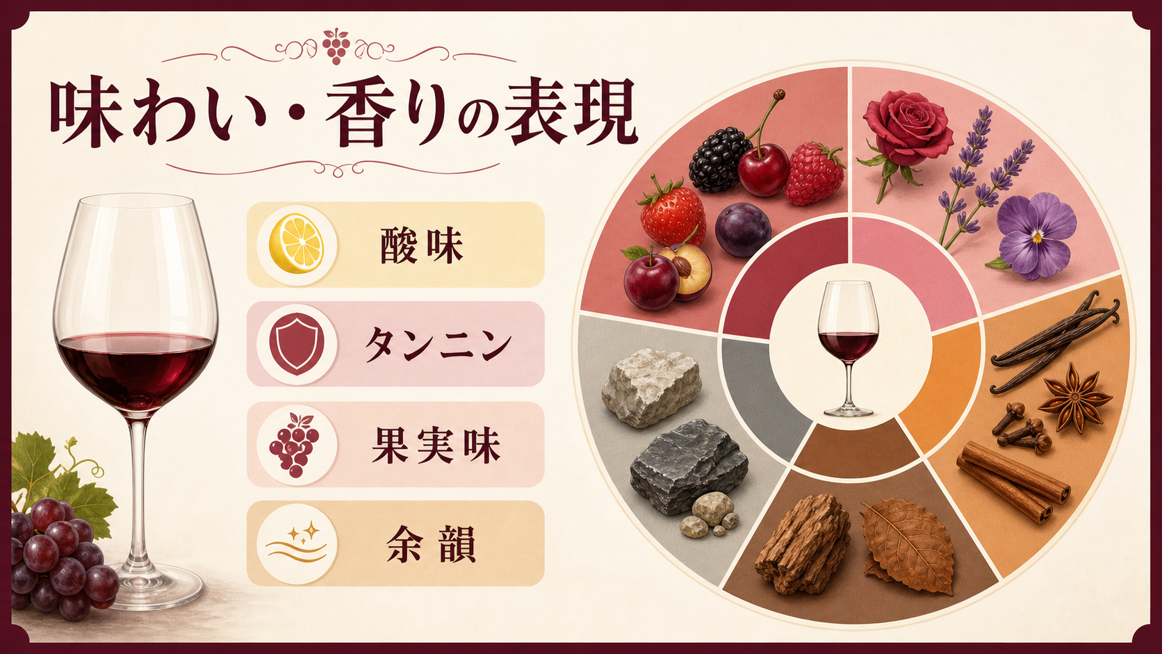 酸味、タンニン、果実味、余韻などワインの味わいと香りを整理したインフォグラフィック