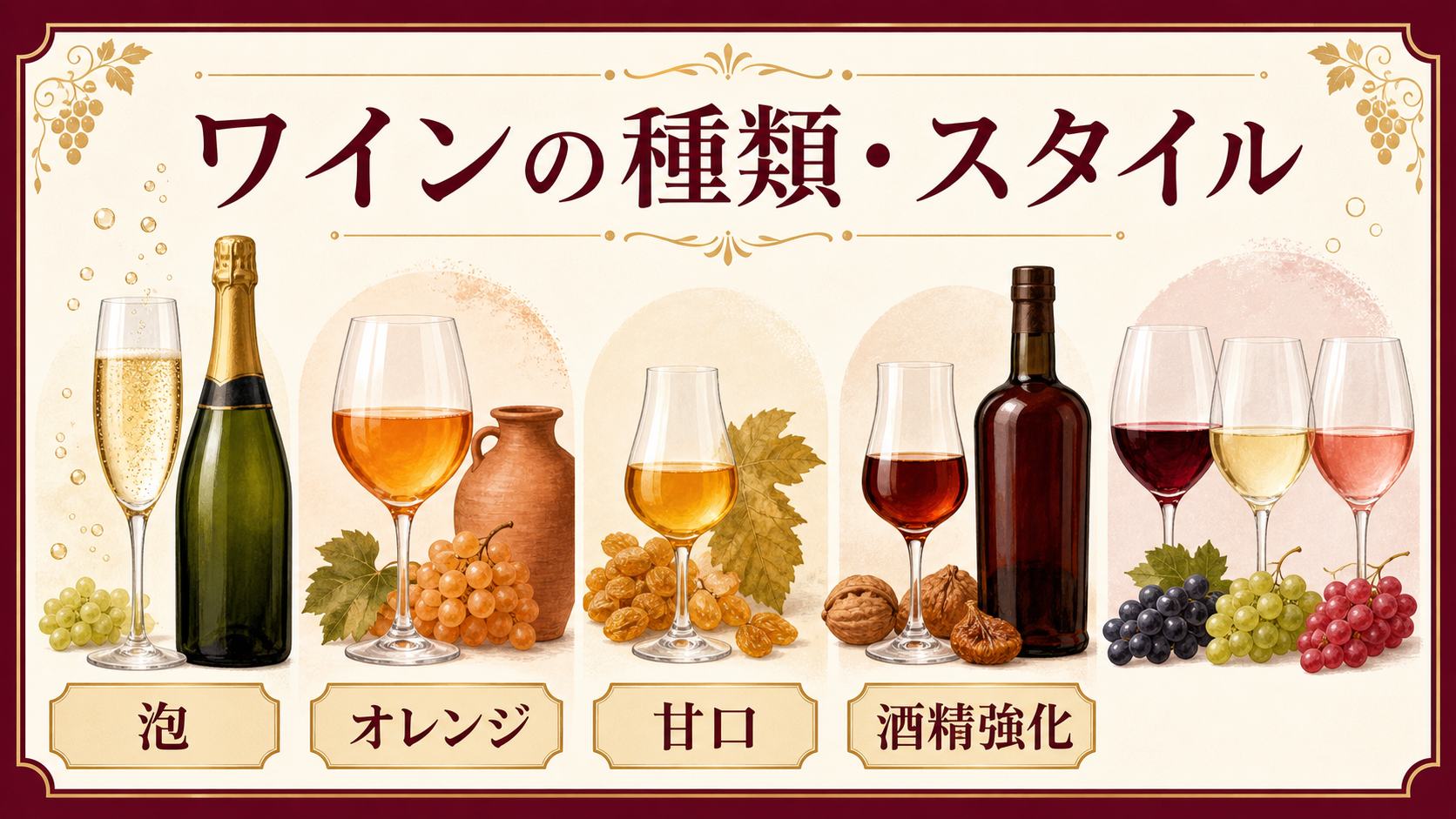 泡、オレンジ、甘口、酒精強化などワインの種類とスタイルを整理したインフォグラフィック