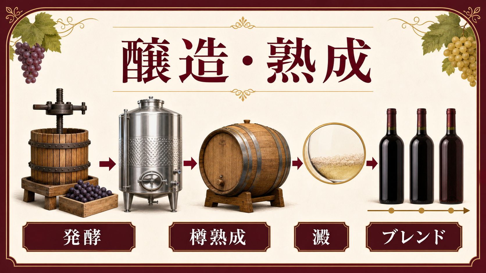発酵、樽熟成、澱、ブレンドなど醸造と熟成の流れを示したインフォグラフィック