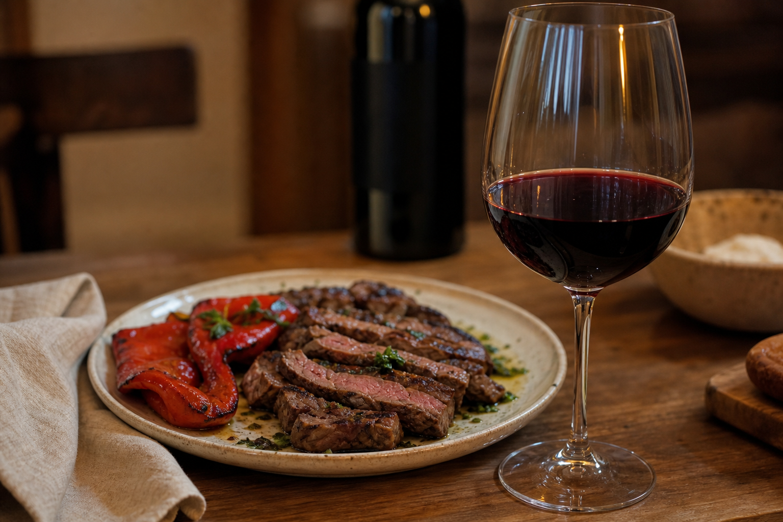 深い色合いの赤ワインとグリルした牛肉、ローストした赤ピーマンの食卓