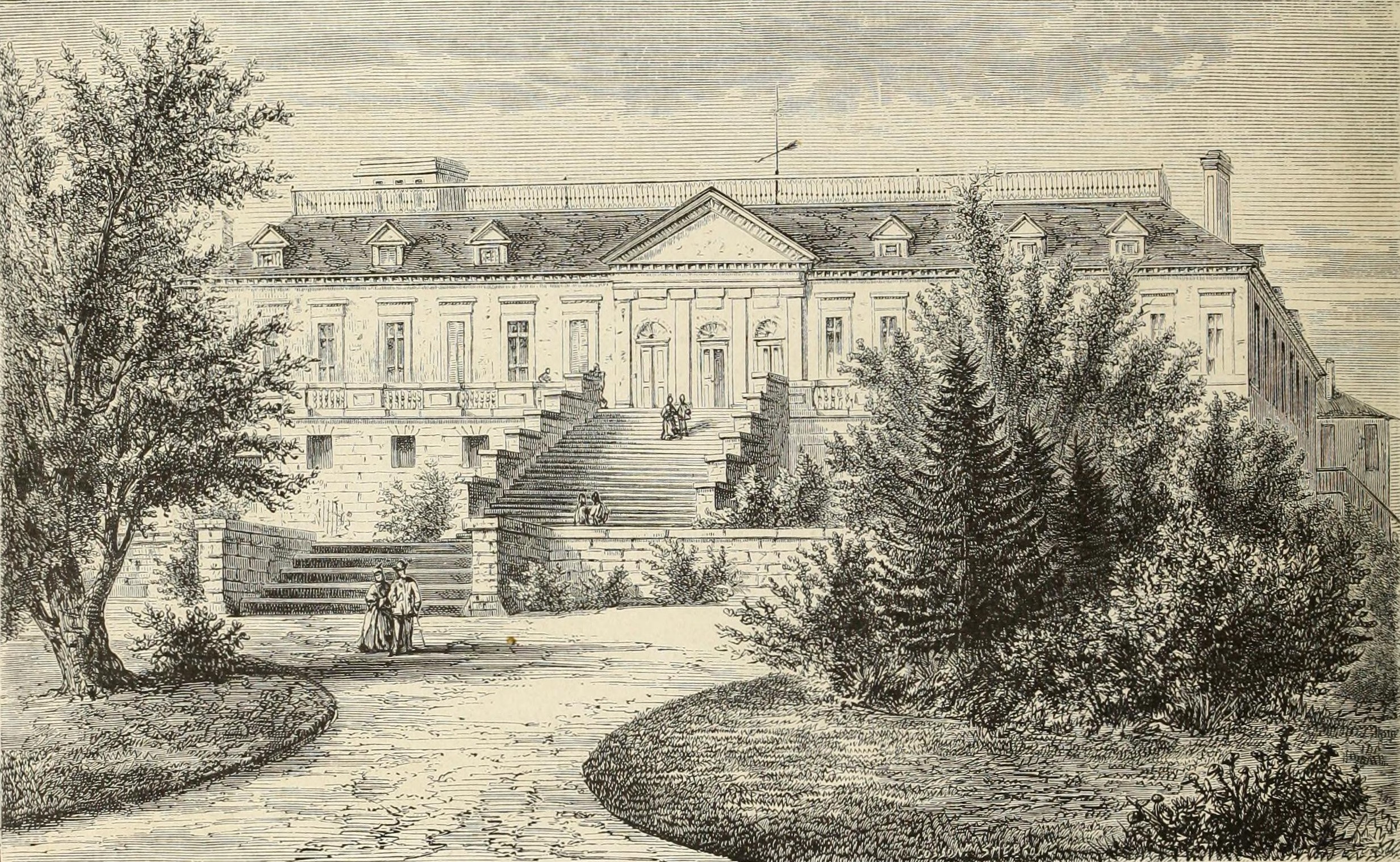 シャトー・デュクリュ・ボーカイユの建物と畑、ジロンド河口を描いた1838年のカラー図版