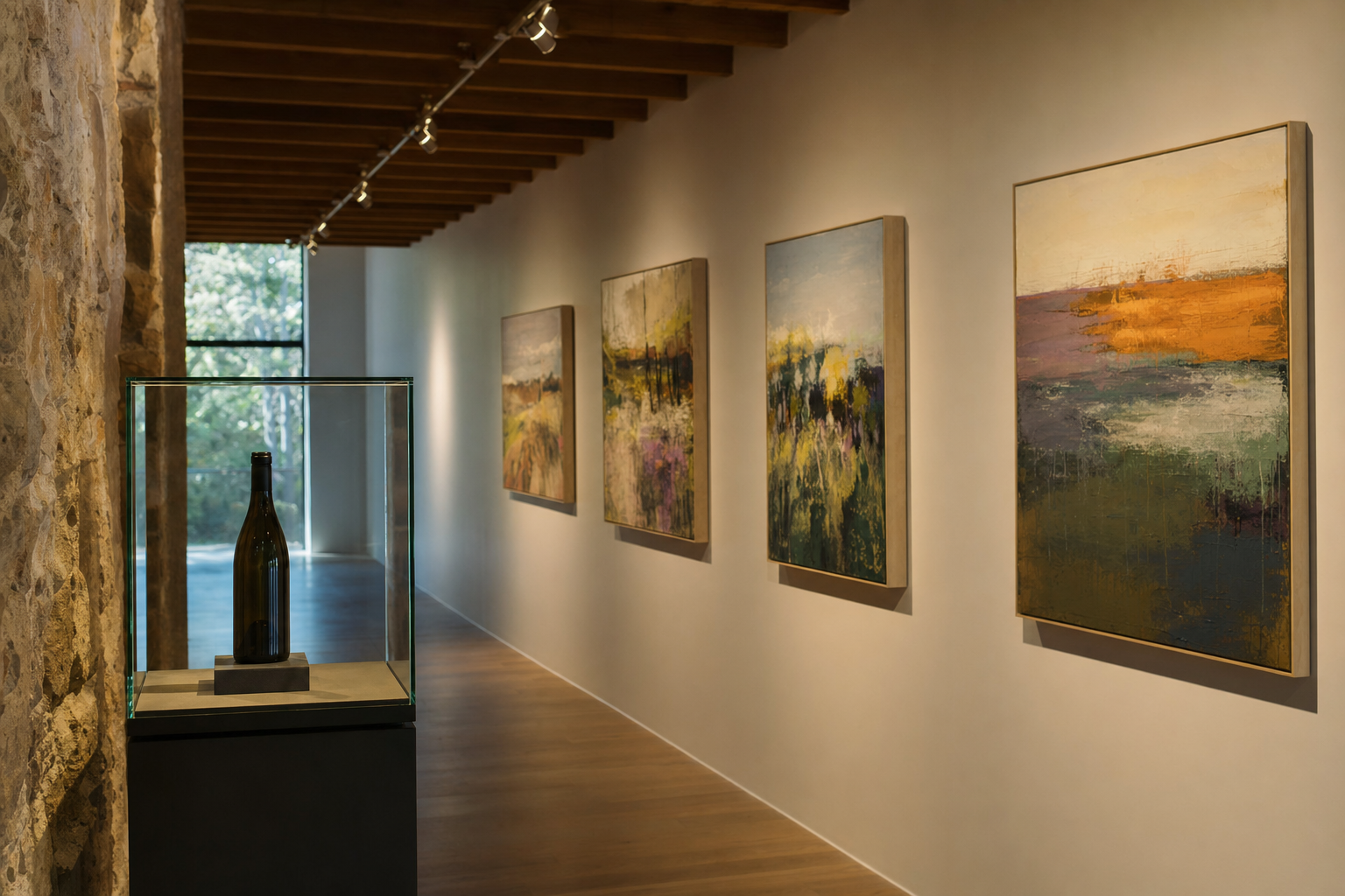 抽象的な風景画が並ぶ木と石のギャラリー通路と無銘のワインボトル展示