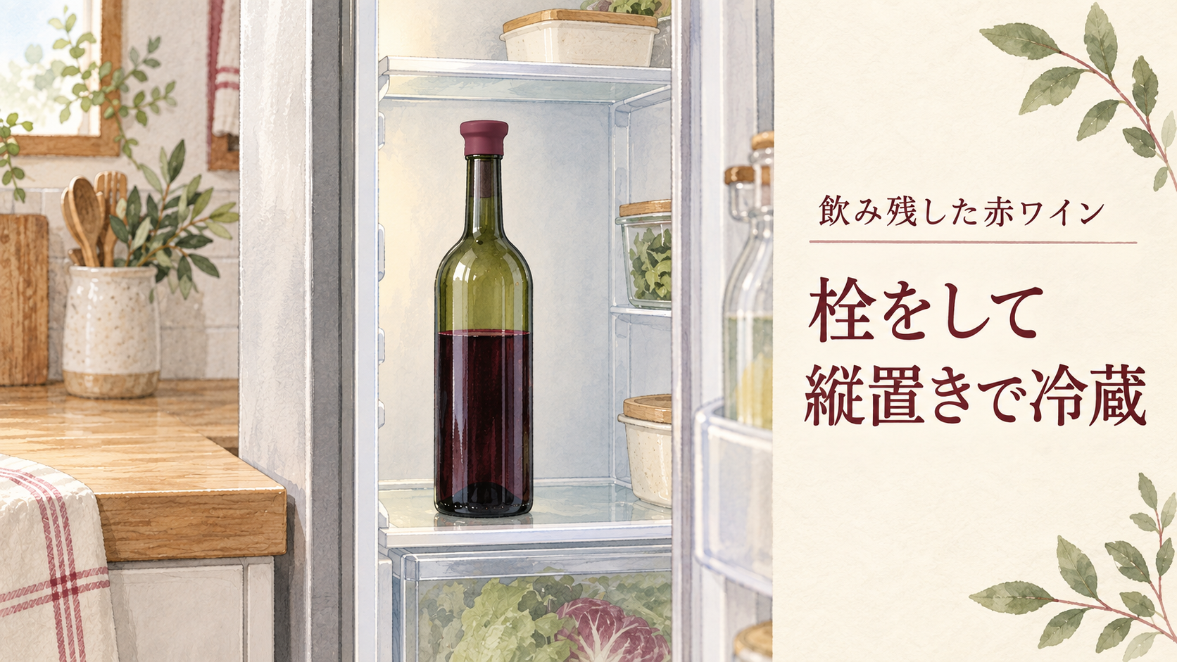 飲み残した赤ワインをストッパーで閉め、冷蔵庫の棚に縦置きした保存例