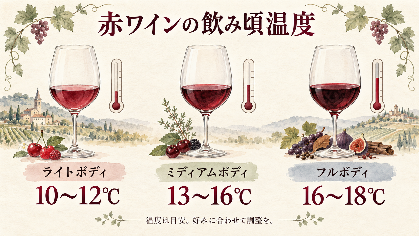 赤ワインの飲み頃温度。ライトボディ10〜12℃、ミディアムボディ13〜16℃、フルボディ16〜18℃