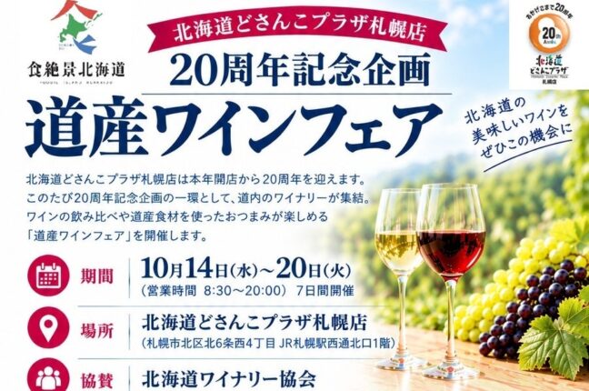 北海道どさんこプラザ札幌店で20周年記念企画「道産ワインフェア」を開催します